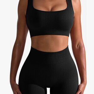 Black Workout Outfit for Women - 2 Piece Ribbed w/ High Waist - size M